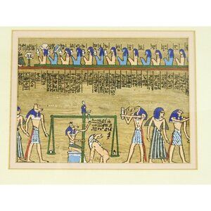 Weighing of the Heart Egyptian Funeral Painted Papyrus Framed Wall Hanging Art